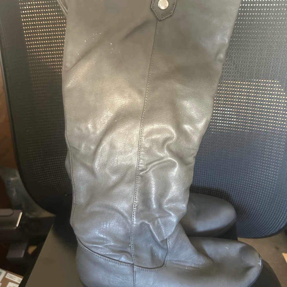 Grey Leather Knee-High Boots